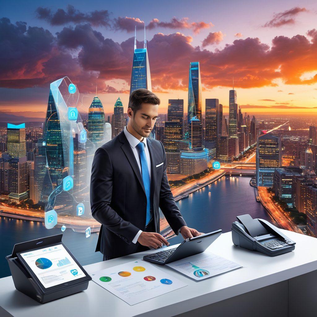 A modern office setting showcasing a sleek digital fax machine, surrounded by digital documents floating in the air, representing the transition from traditional faxing to digital solutions. Highlight a professional looking satisfied user interacting with a tablet that shows faxing options, with a futuristic city skyline in the background symbolizing progress. Emphasize security with digital locks and cloud icons. vibrant colors. super-realistic. clean lines.
