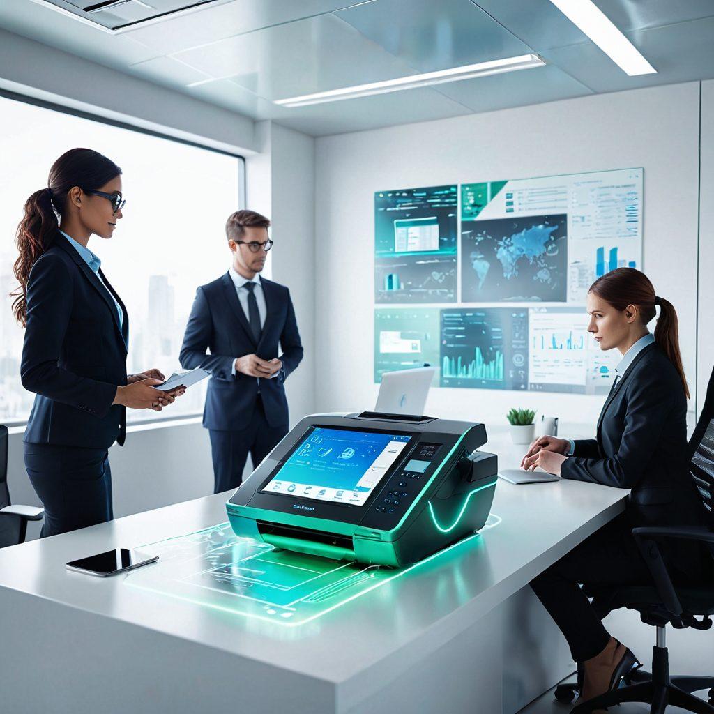 A futuristic office scene featuring a sleek, high-tech digital fax machine seamlessly blending into a modern workspace. Around it, diverse individuals are communicating via holographic interfaces and smart devices, showcasing the ease of online fax solutions. Soft blue and green tones highlight the technological ambiance, with abstract data streams in the background symbolizing connectivity. The atmosphere is bright and inspiring, reflecting innovation and communication. super-realistic. vibrant colors. white background.