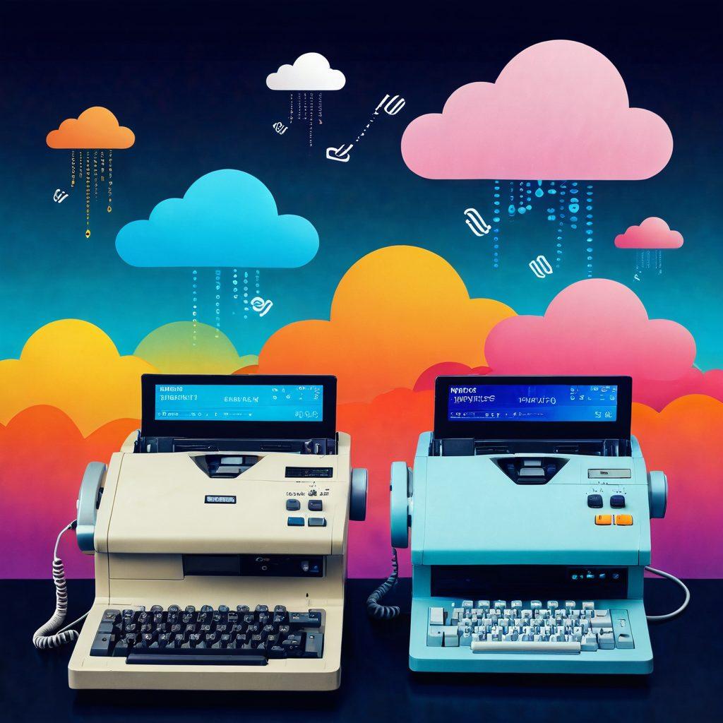 A visual transition showcasing the evolution of fax technology, featuring a vintage fax machine on one side merging into a modern cloud-based communication system on the other. Include elements like digital screens, binary code, and floating cloud icons to symbolize connectivity. Use bright colors to emphasize innovation and progress alongside faded tones for the traditional aspect. surrealism. vibrant colors.